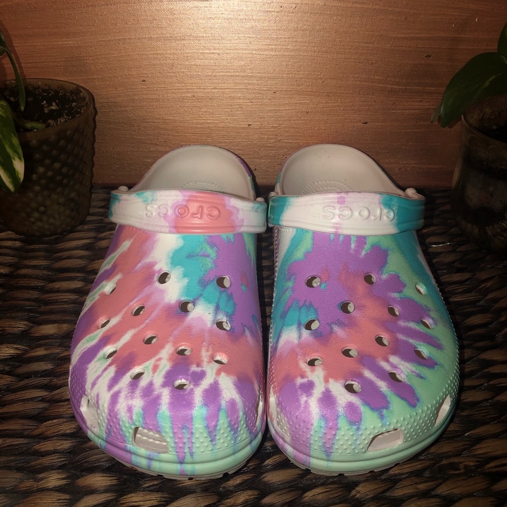 Crocs!!! Tie dye pastel colors. Worn once outside.
